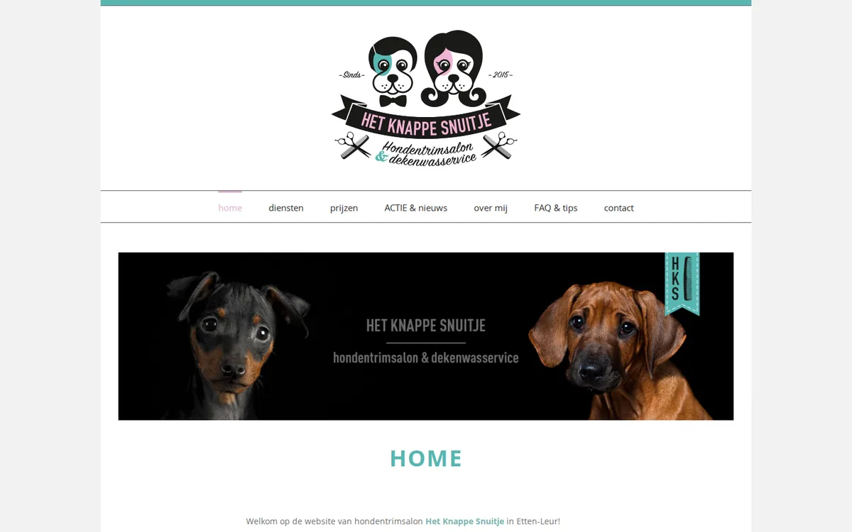 Homepage van hetknappesnuitje.nl met het logo van de hondentrimsalon en twee puppy’s