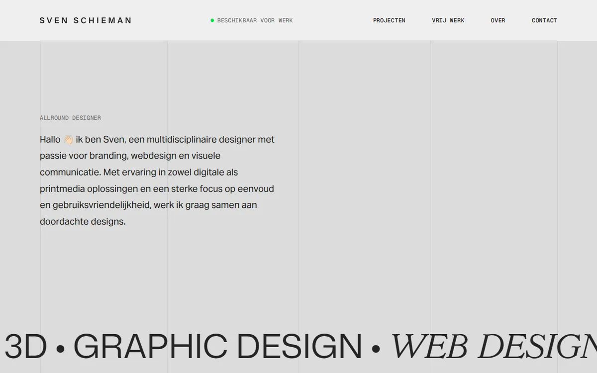 Homepage van svenschieman.nl met de tekst "Allround Designer" en een lopende tekstband